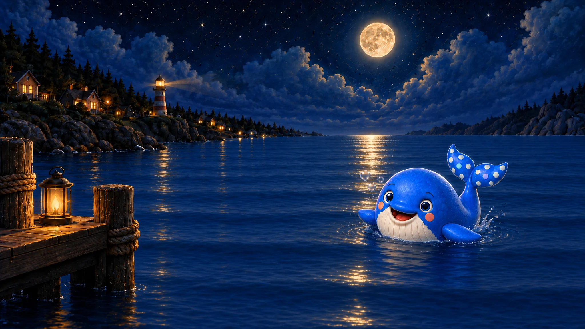 A little whale smiling in a moonlit harbor, with her polka-dot tail and full body visible near a warm cottage and lighthouse